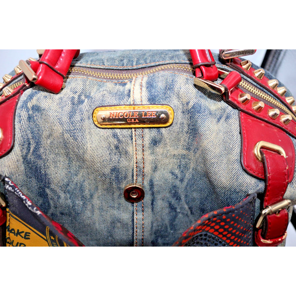 "WOW" Denim Pop Art Denim Duffel Shoulder Bag - Nicole Lee - Punk Grunge Graphic - Picture 4 of 14